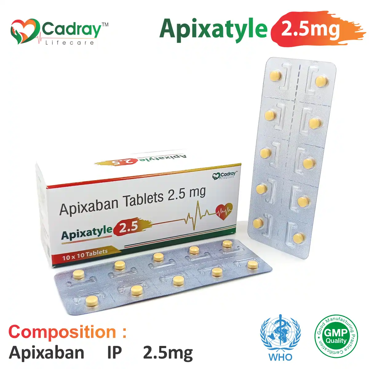 Apixatyle 2.5 Tablet with Apixaban 2.5mg supports blood clot prevention. WHO GMP certified, available at the best price for PCD pharma franchise, third-party manufacturing & export.